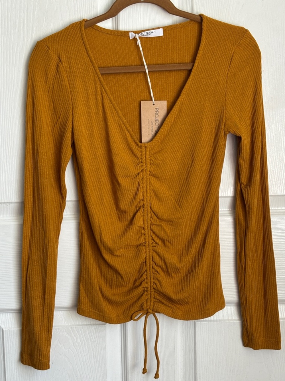 NEW PROJECT SOCIAL T Mustard Cognac Ribbed Ruched Long Sleeve Top Size Medium